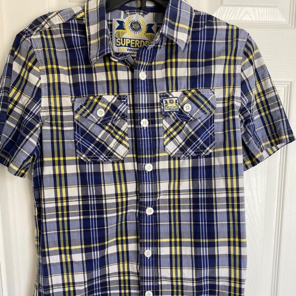 Superdry Mens Short Sleeve Plaid Button-Up Shirt Medium Cotton Blend Blue/Yellow - Picture 2 of 11